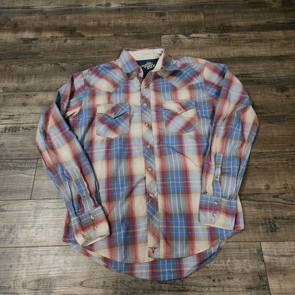 Wrangler light weight plaid pearl snap long sleeve shirt size M men 2627